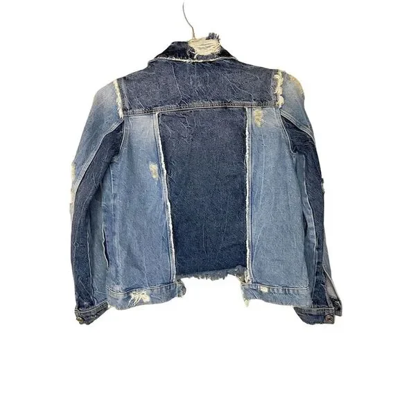 River Island Women’s Blue Denim Jacket Distressed Frayed Edges Long Sleeve - Picture 2 of 5